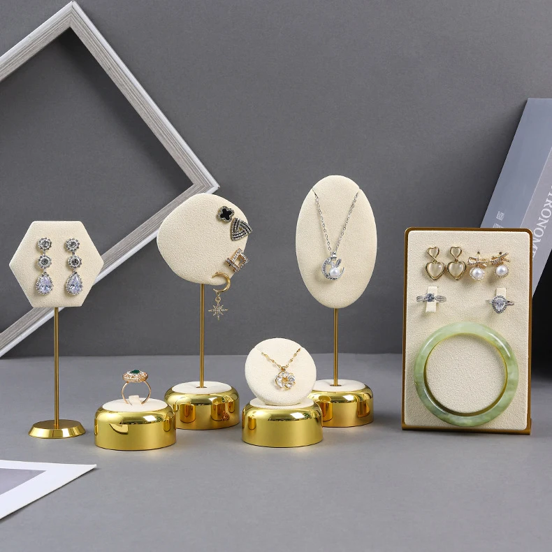Beige Jewelry Display Props with Metal Base Earring Necklace Organizer Holder Jewelry Counter Earrings Rings Display Stand