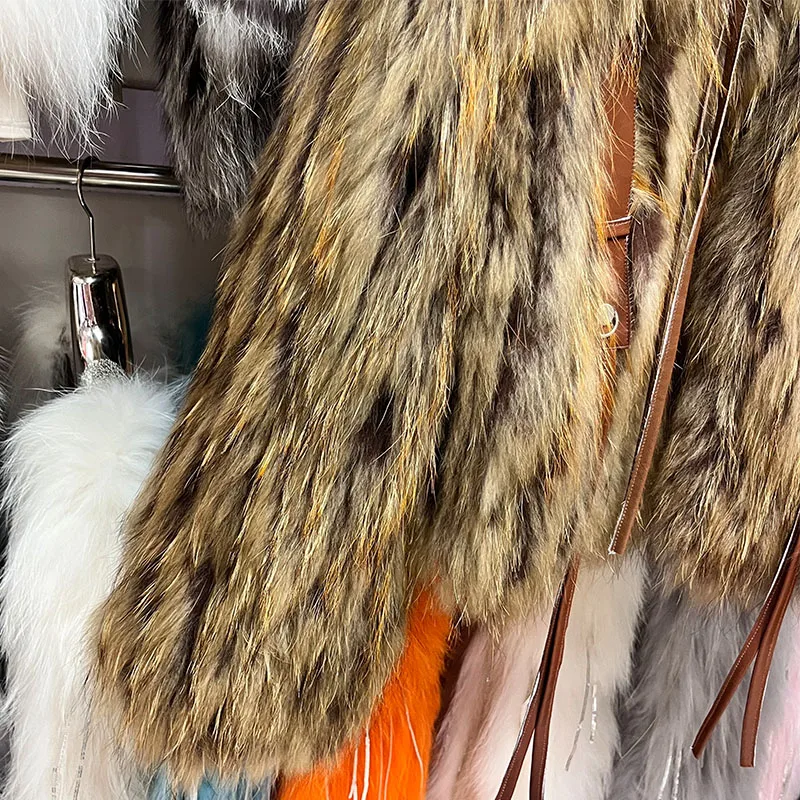 2025 New Fashion Women Real Natural Raccoon Fur Strip Sewed Toghter Coat Winter Thick Warm Long Sleeves Luxury Outerwear Jackets