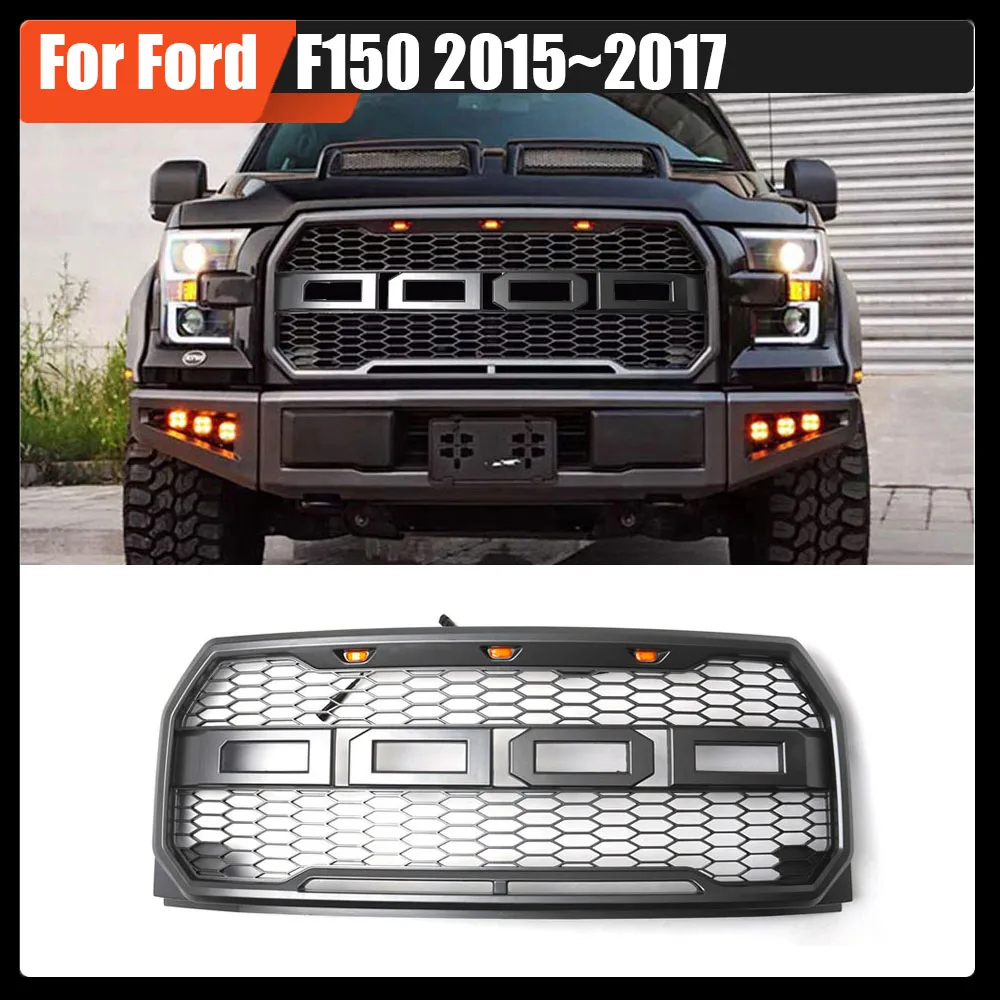 

For Ford F150 2015~2017 with LED Light F-150 ABS Car Accessory Front Bumper Raptor Grille Centre Panel Styling Upper Grill