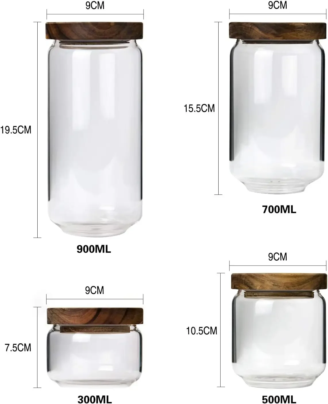 Borosilicate Glass Food Jar Storage Kitchen Jars Canisters Set with Airtight Wood Lid Set of 4 for Coffee Tea Candy Spice