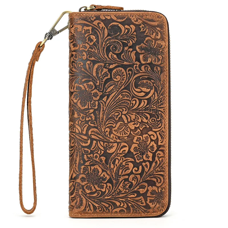 Vintage Oil-Waxed Leather Long Wallet for Men Women – Full-Embossed Floral Pattern, 8 Card Slots, Phone-Friendly & Wrist Strap