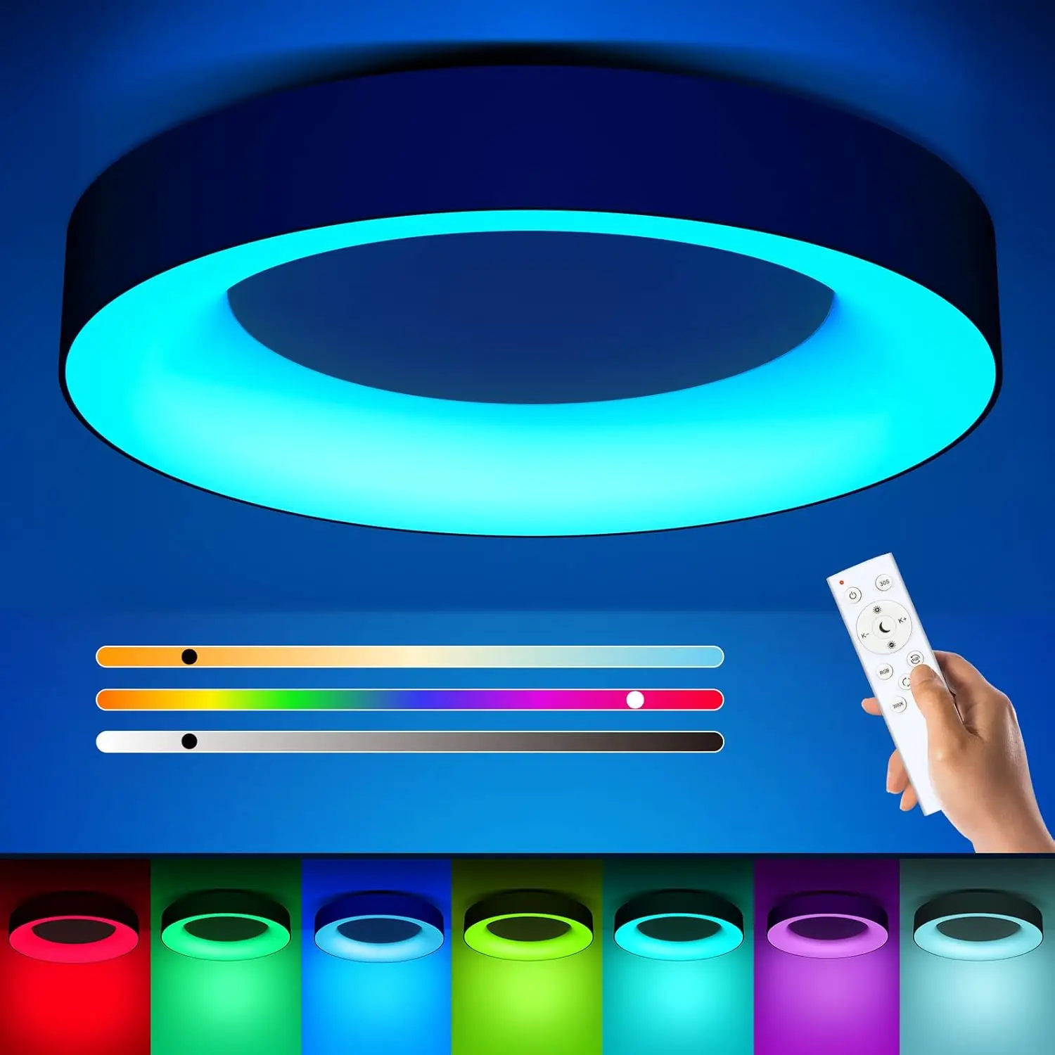 Rgb Led Flush Mount Ceiling Light With Remote Control, 11 Inch 24W Black Ceiling Light Fixture, 3000K-6500K Light Color