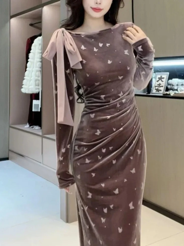 新しい長袖レースアップボディコンワンピース、プリントベルベット、エレガントでスリムなファッションローブ、ストレートベント、ルーシュドミドル丈、スイートドレス