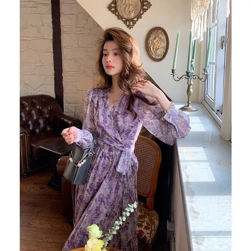 Printed French New Princess Skirt V-neck Slim Flared Sleeves Ruffled Lady Retro Dresses #1