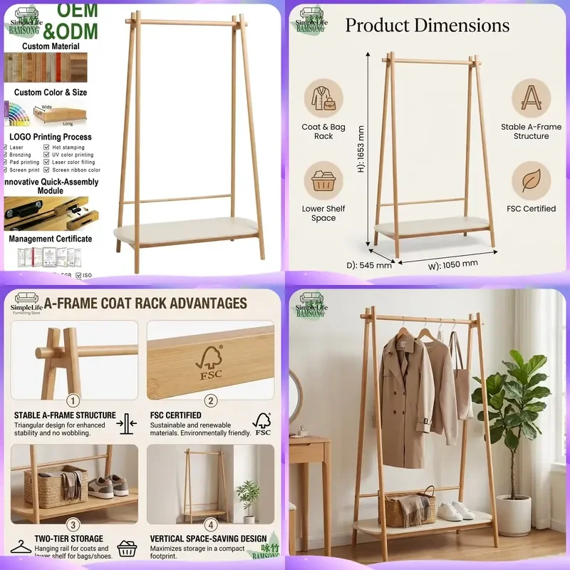 Wooden Coat Rack with Shelves Freestanding Hall Tree Clothes Hanger Stand No Assembly Required Bedroom Entryway Storage