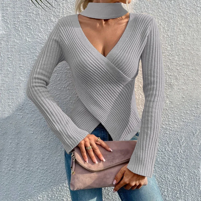 Pullover irregolare a maniche lunghe con scollo a v maglione sottile croce pieghettato coulisse maglia Top primavera autunno nuovo abbigliamento donna