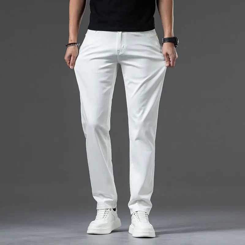 2024 Nieuwe Zomer Heren Dunne Roomwitte Jeans Klassieke Stretch Rechte Denim Broek Zakelijk Mode Katoenen Broek Mannelijk Merk