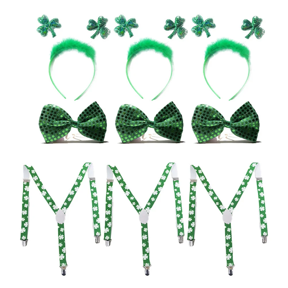 

9Pcs Holiday Decoration Set St Patrick's Day Party Costume Elastic Suspenders Fashion Hair Accessory Tie for Birthday