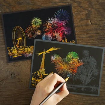 4 시트/로트 시티 뷰 스크래치 종이 아트 페인팅 런던 파리 시드니 홍콩 어린이를위한 드로잉 종이 장난감 색칠하기 책 2024