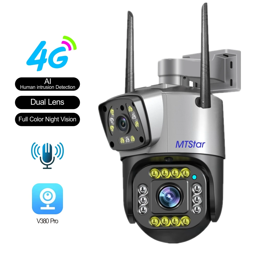 4K 8MP 4G Wifi Camera Dual Lens Pan/Tilt Surveillance Two Screen Display Wireless Smart Home Night Vision Camera Audio V380pro