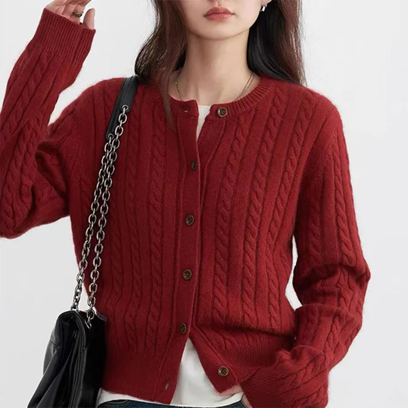 

High-end autumn winter round-neck 100%cashmere cardigan women knitted outer sweater thick and versatile short coat for winter