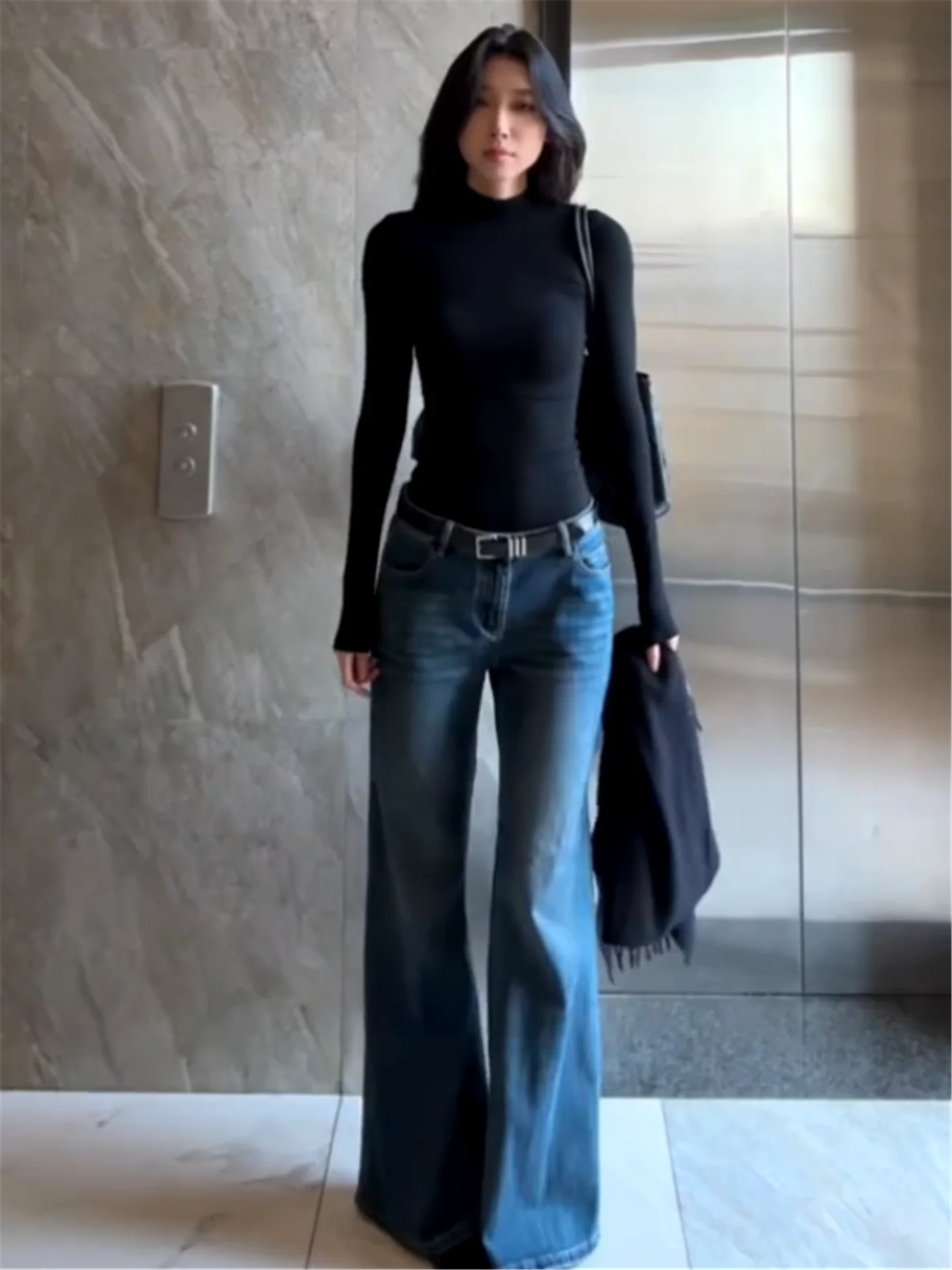 

High Waist Flared Jeans Women's Long Vintage Blue Wide Leg Floor Length Pants Casual Cotton Denim Bootcut Trousers