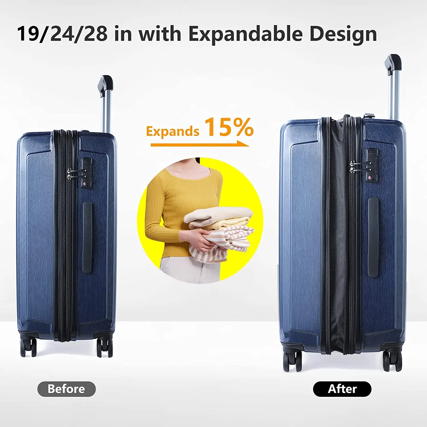 Luggage Set 3 Piece 20/24/28 Front Laptop Pocket&Expandable ABS+PC Lightweight Hardshell Spinner Silent Wheels TSA Lock Blue