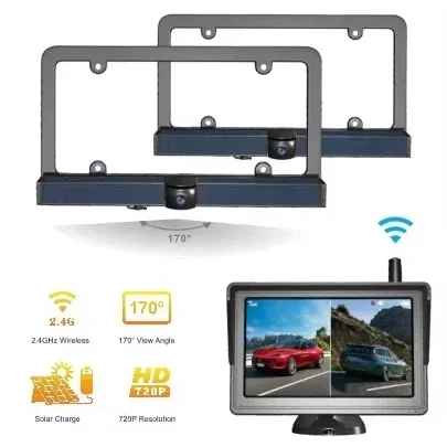 Parking Sensor System Reversing Radar 2 Channel Front Back Reverse HD Camera 5 Inch Solar 2.4GHz Digital Wireless Monitor
