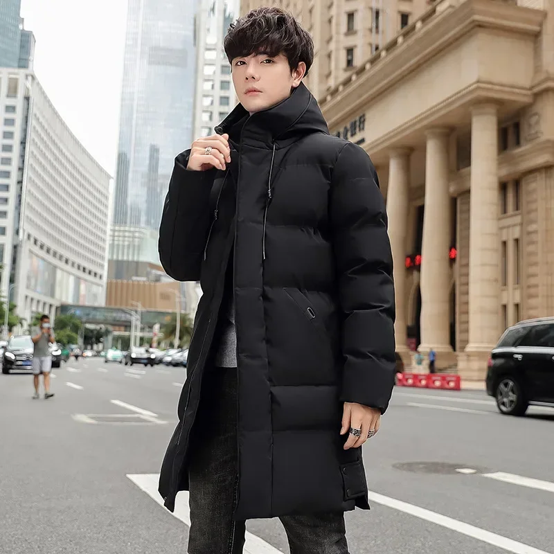 Men Parkas Thickened Hooded Winter Down Coat Solid Color Padded Cardigan Midi Length Zip Up Men Coat For Daily Wear