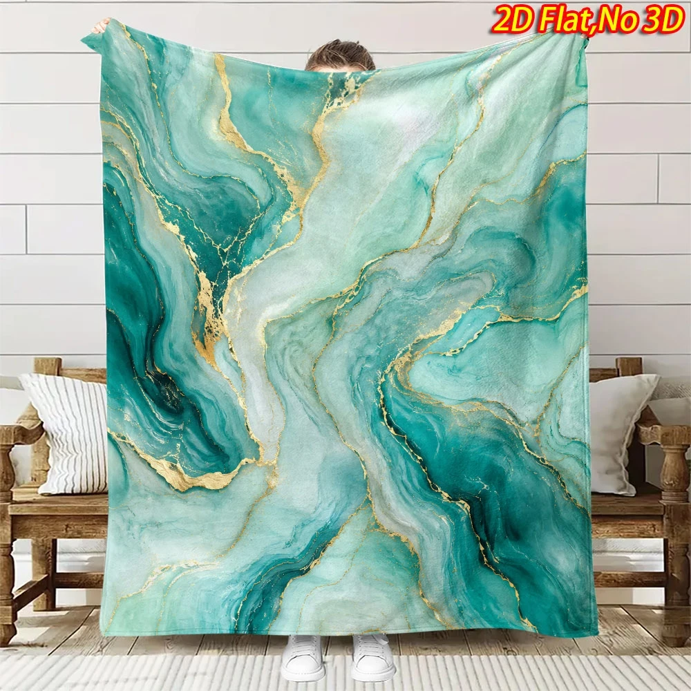 Teal Green Marble Gold Foil Swirl Abstract Fluid Art Print Flannel Blanket Soft Throw For Sofa Bedroom Modern Home Decor Gift