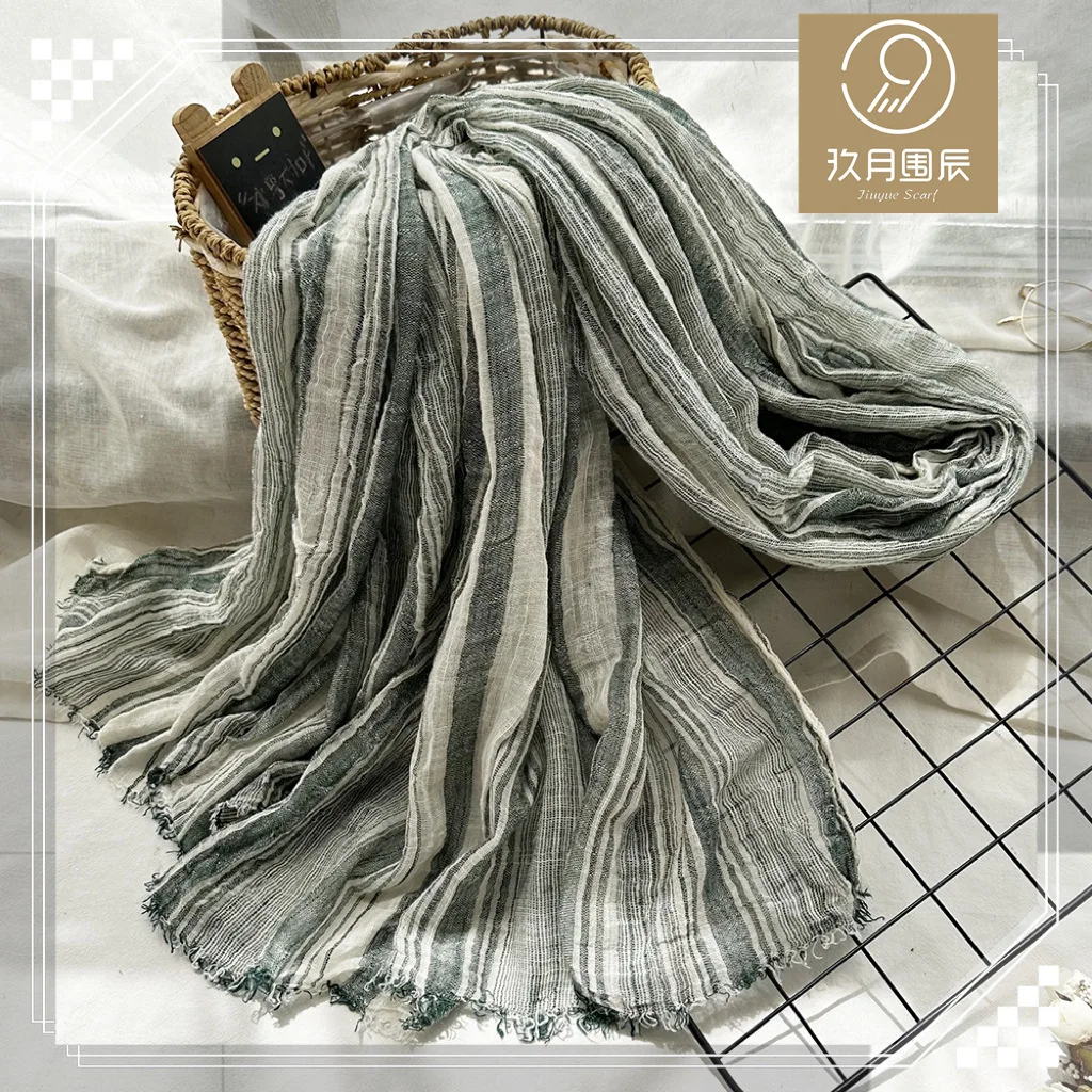 

Cotton Linen Scarf for Women in Spring and Autumn New European and American Striped Versatile Shawl Naturally Wrinkled Men's