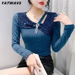 2024 Autumn New Women Chic Skew Collar Sequined T-shirt Shinny Girl Tassels Diamonds Tees Fashion Stretchy Long Sleeves Slim Top