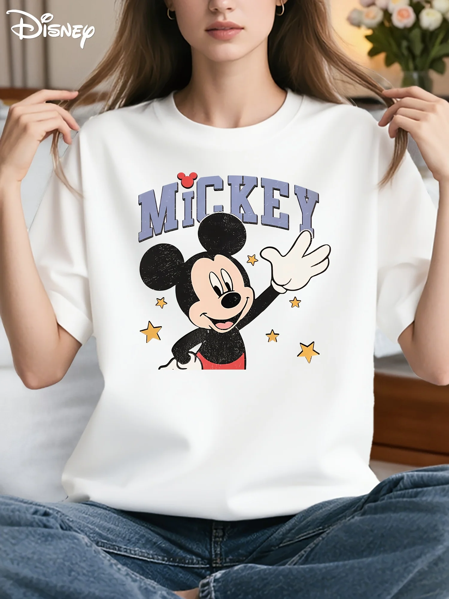 

Disney Mickey Mouse Pattern T-shirt - with Cartoon Print, Soft Elastic Round Neck Short Sleeved Casual