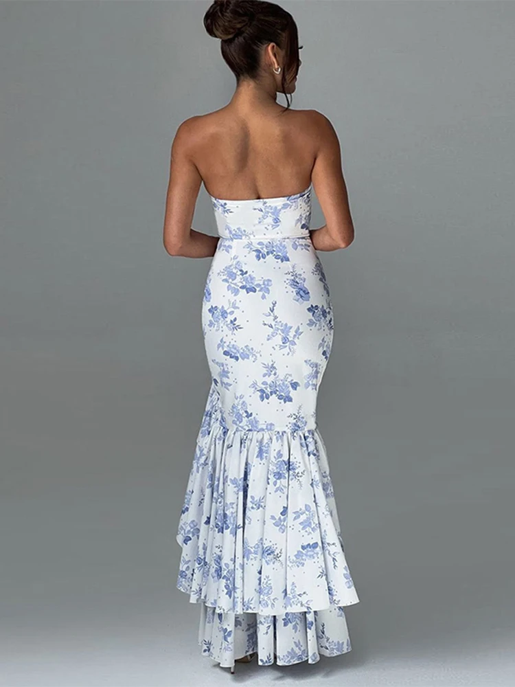 Women Blue Slash Neck Evening Dress 90s Vintage Sleeveless Floral Print Dresses Y2k Elegant One Piece Frocks 2000s Clothes 2024