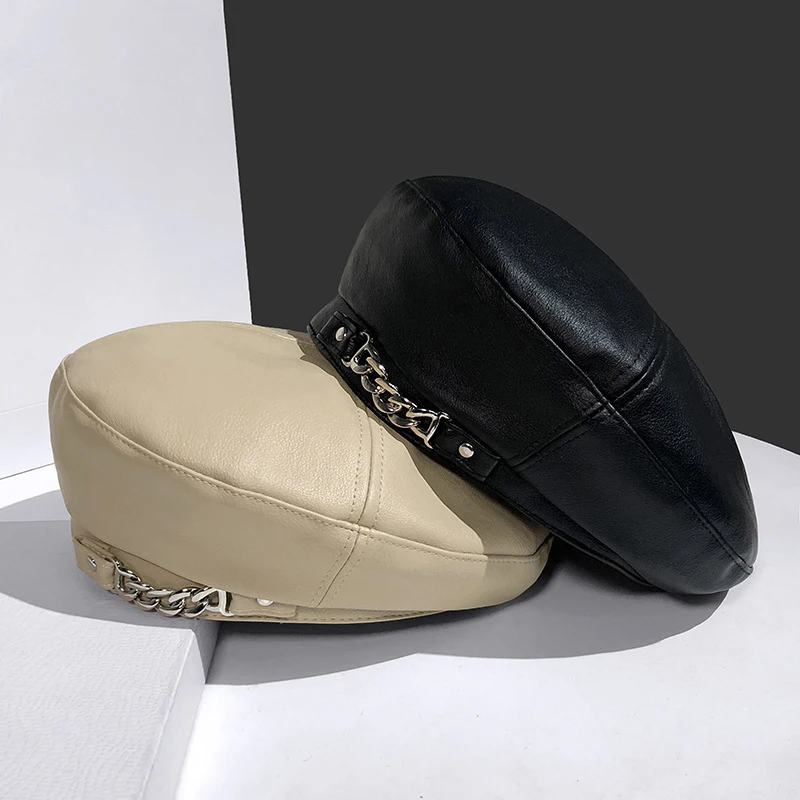 Women Fashion Vintage Elegant Metal Chain Leather Octagonal Beret Ladies Vintage Solid Colours Beret Caps