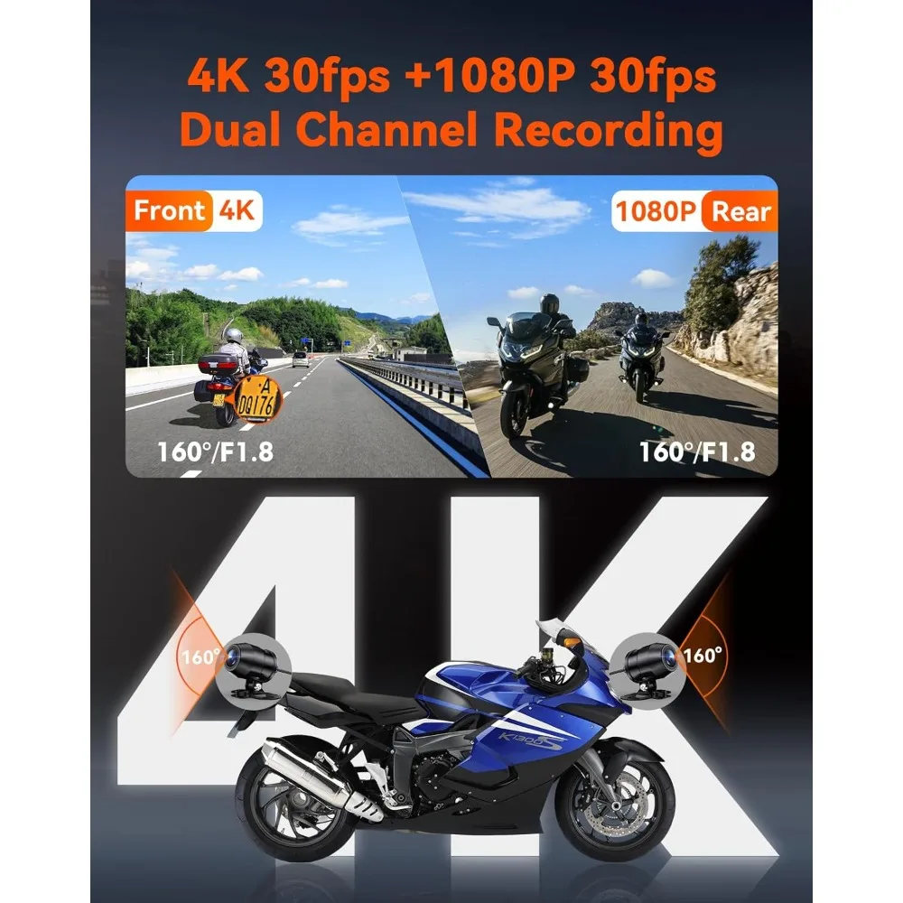 

F1 Motorcycle 4K Dash Cam Front and Rear, 4K + 1080P Motorcycle Camera, Full Body IP67 Waterproof, GPS Wi-Fi,