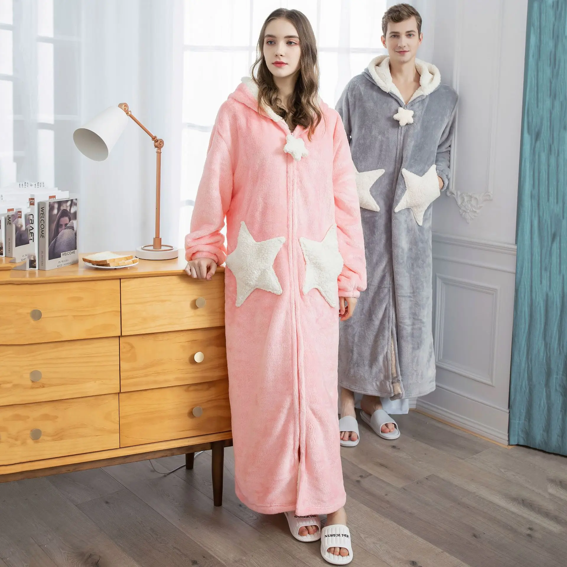 Hooded Zipper Kimono Bathrobe Gown Winter Warm Coral Fleece Sleepwear Women Loose Peignoirs Couple Cute Star Nightgown Robes