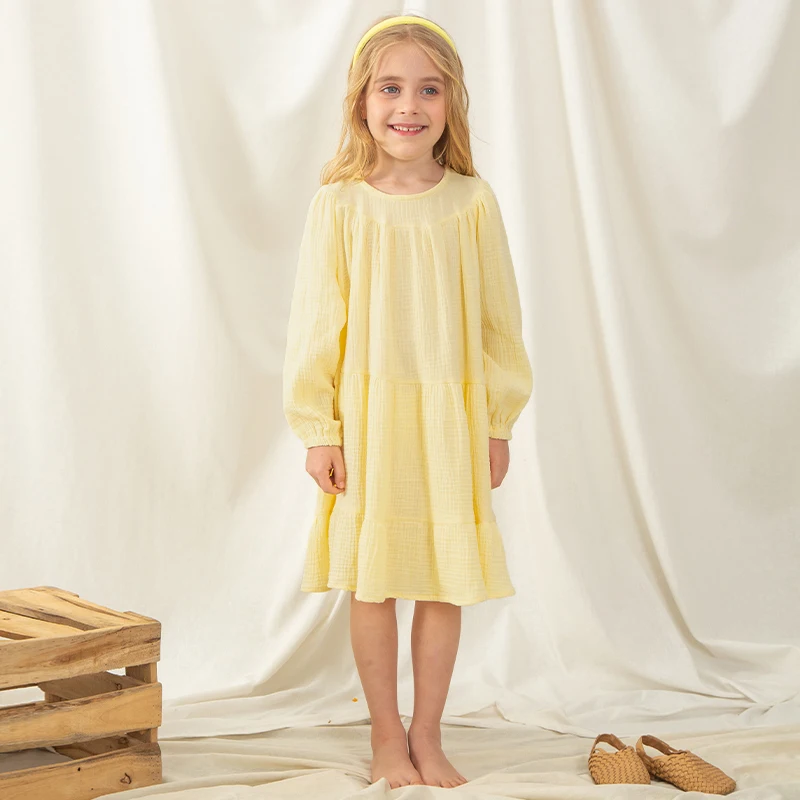 Girls Flowy Tiered Princess Dress Spring Autumn New Baby Girl Cotton Long-Sleeve Casual Loose Yellow Dresses Children\'s Clothing