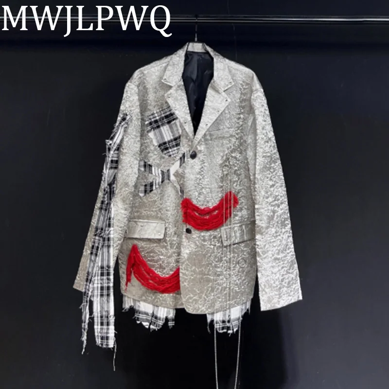 

MWJLPWQ Silver Spliced Patch Pleated Niche Design Blazer High Street Men's Single Breasted Casual Suit Coats Autumn New 010664
