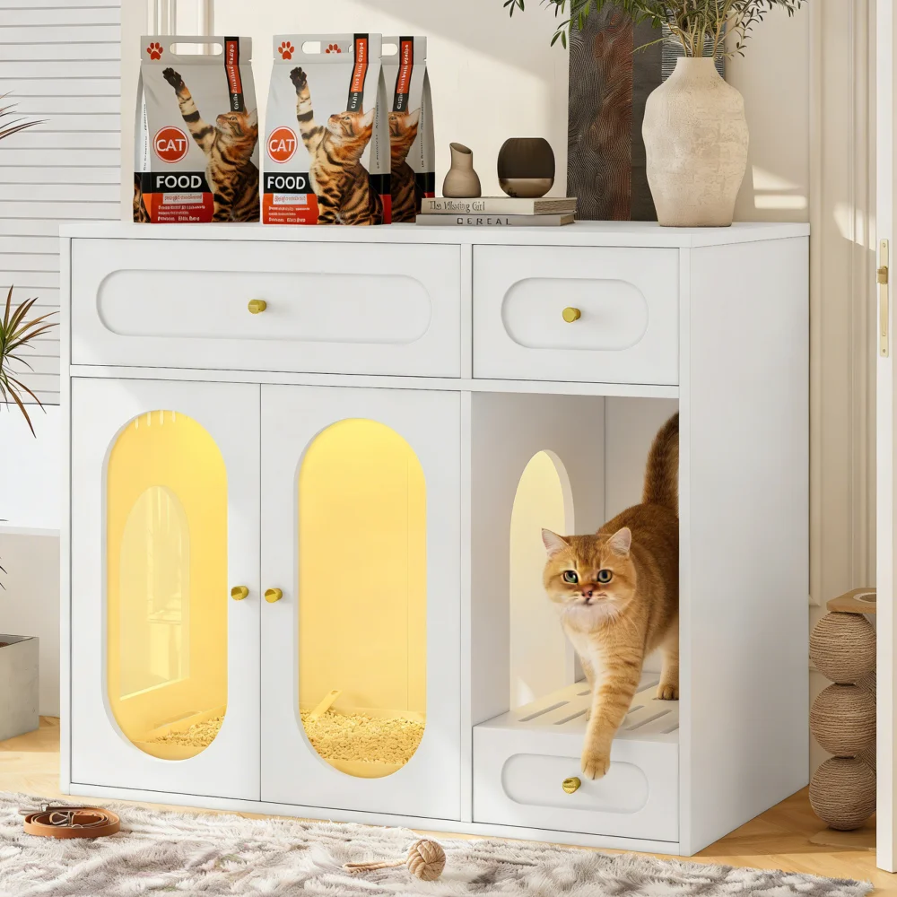 

LED Cat Litter Box Enclosure, Hidden Furniture, Storage Drawers, Acrylic Doors, White End Table