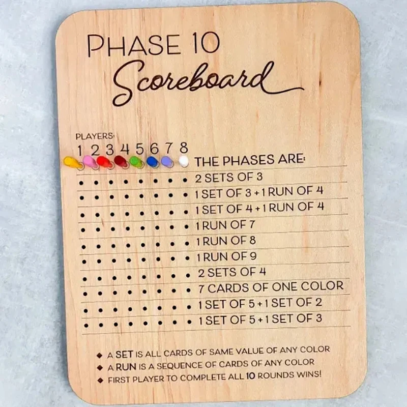 Wooden Phase 10 Score Board - Phase Ten Scorecard And Round Tracker Dice Cards Game Score Sheets Classic Board Card Games