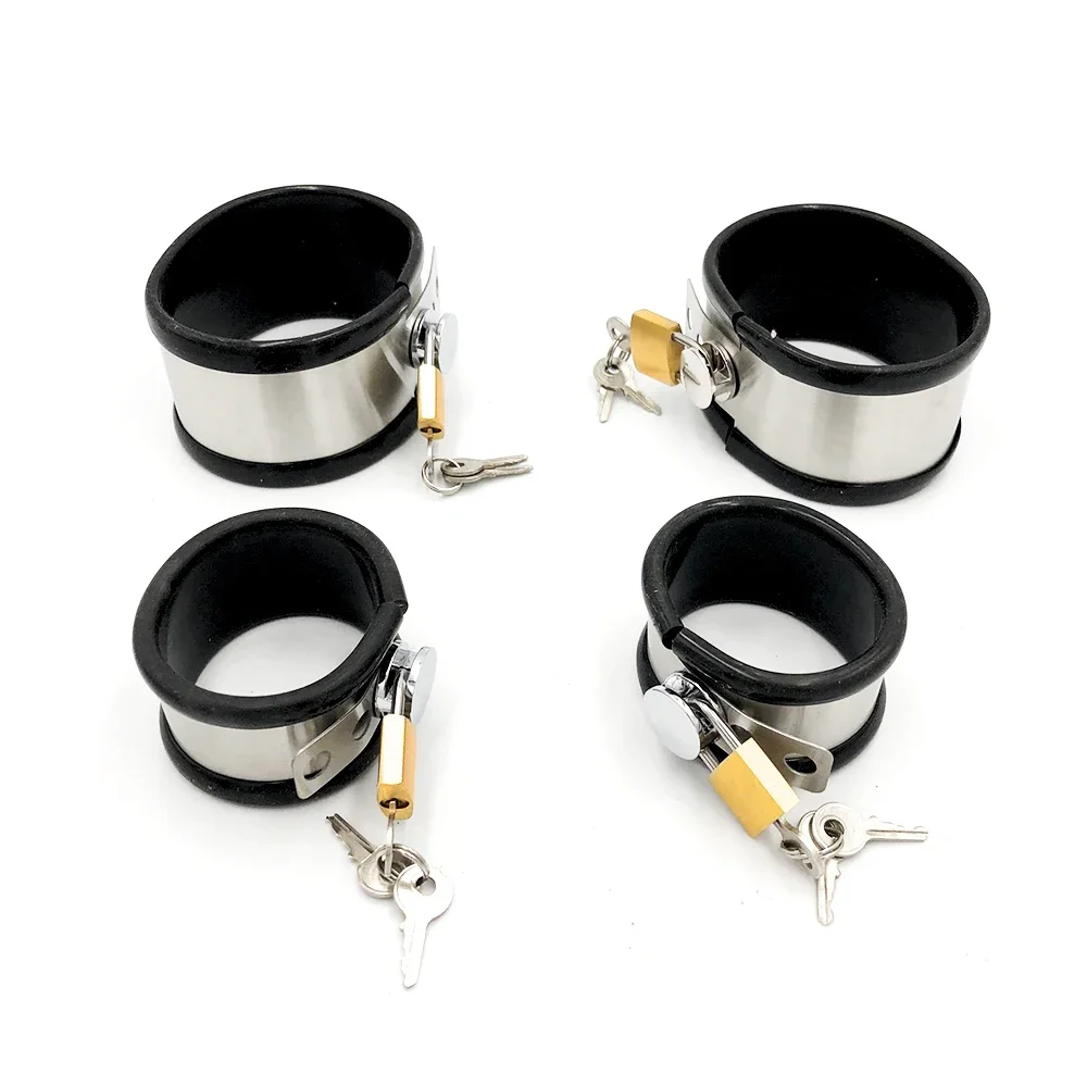 Black Stainless Steel Silicone Lockable Handcuffs Ankle Cuffs Neck Collar Slave BDSM Bondage Shackles Restraint Adult Sex Toys