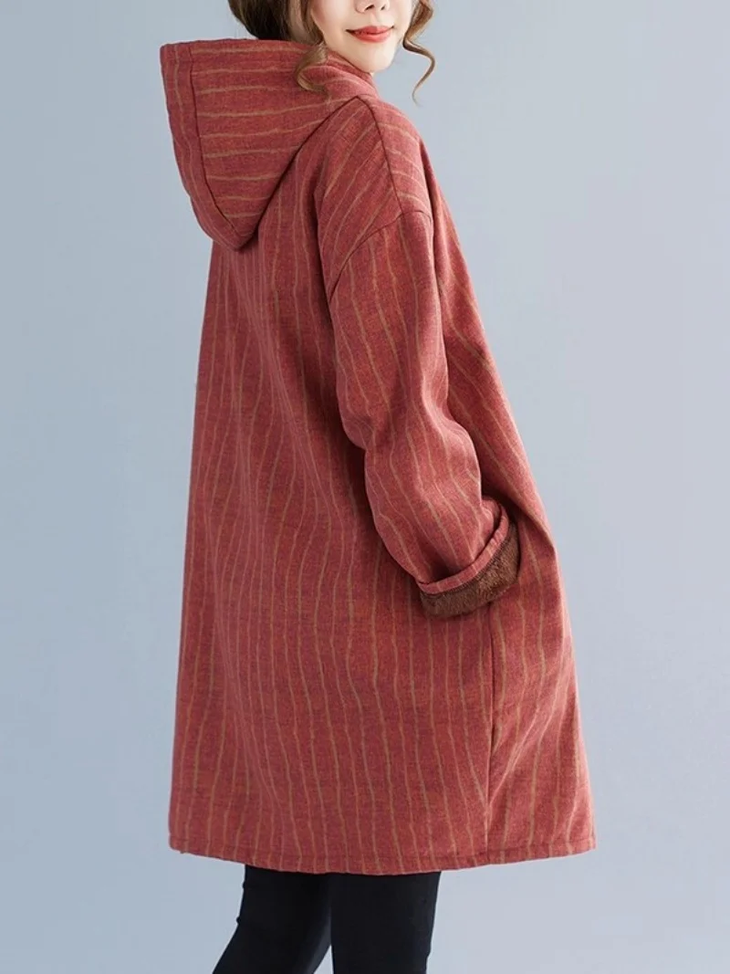 مطبوعة مقنعين البلوز فستان للنساء خريف شتاء 2025 عادية دافئة فضفاضة أفخم سميكة القطن معطف هوديي سترة W1001