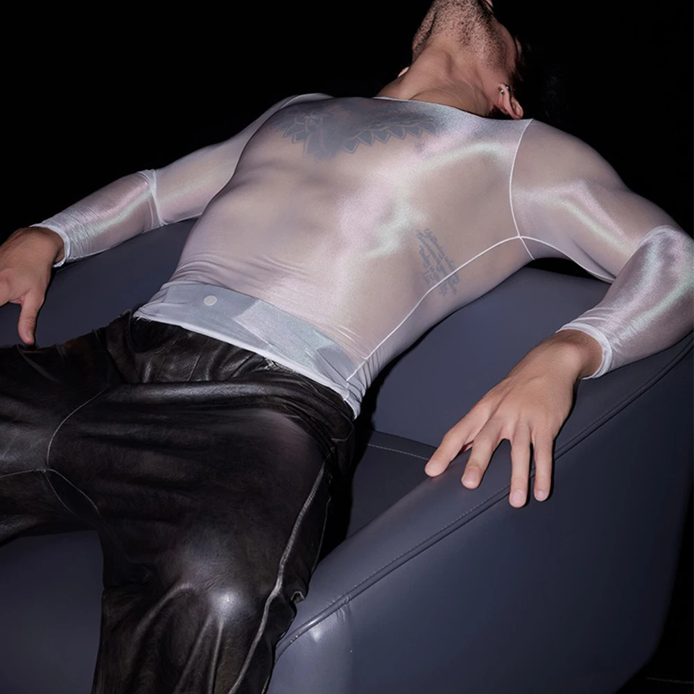 For Autumn For Male O Neck Tights Sheer Shirts Nightwear Sleepwear High Stretch Nightwear Regular Length See Through