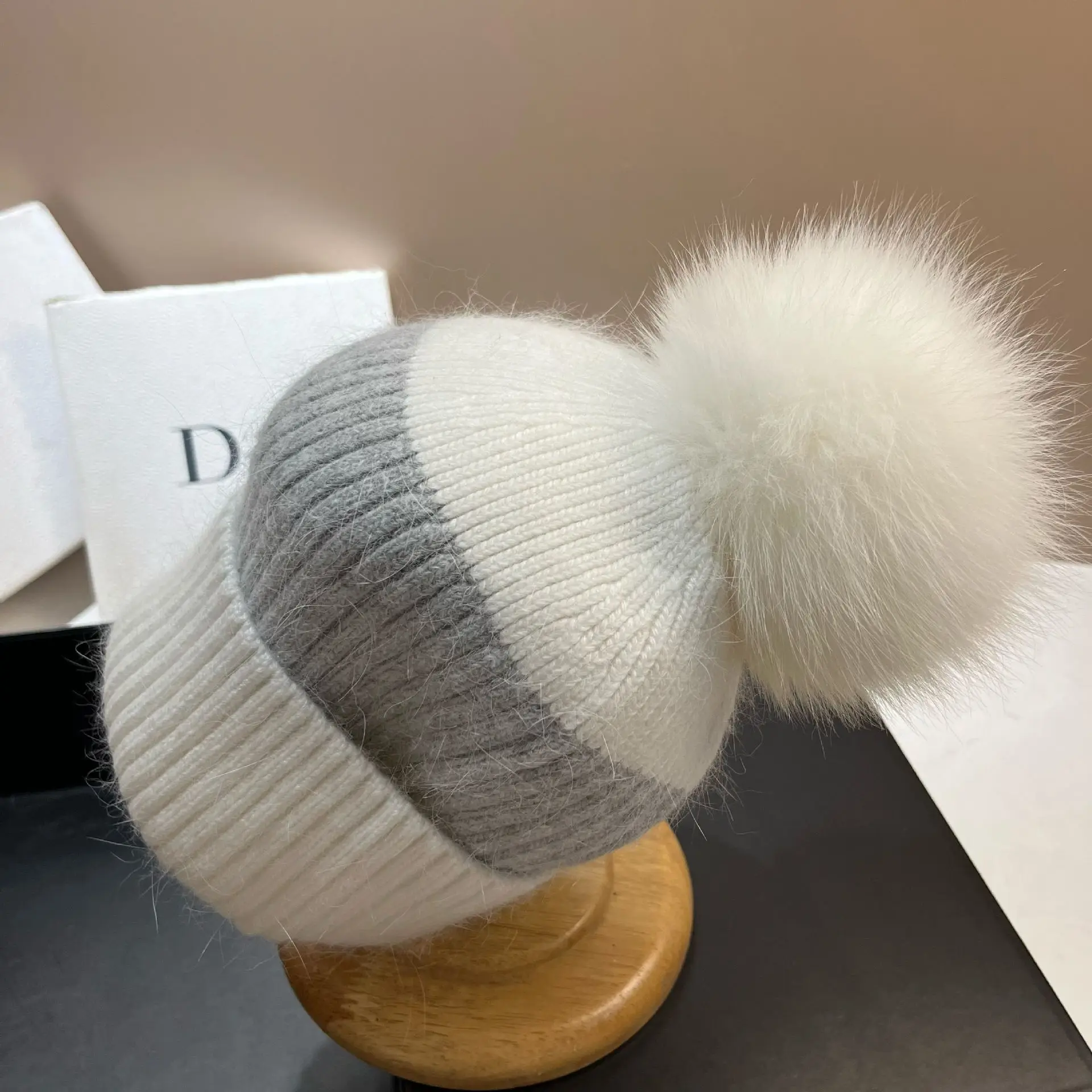 New Rabbit Fur Beanies Soft Warm Fluffy fur pompom Winter Hat for Women Angora Knitted Hat Skullies Female Bonnet Knit Cap