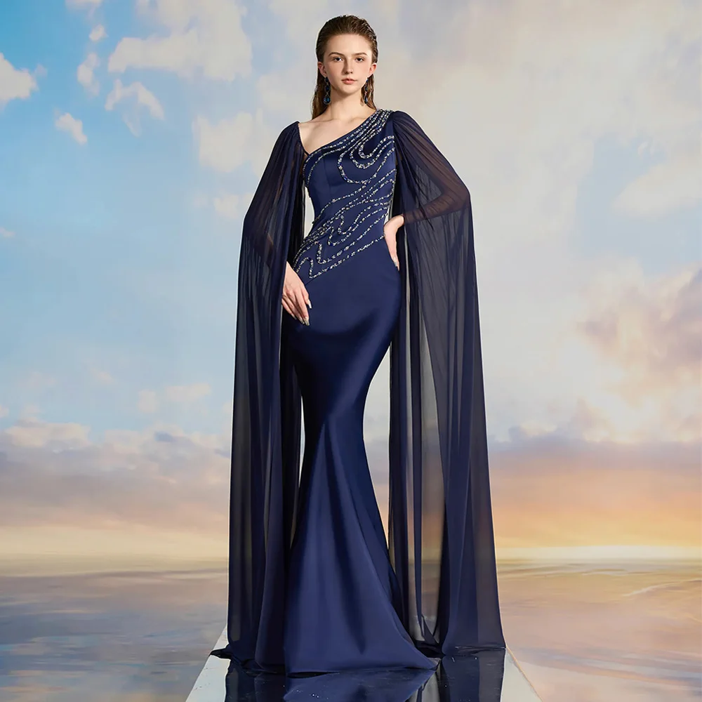 Navy Blue Mermaid Prom Dress with Sleeve Wings Crystal Stones Sweep Train Chiffon Satin Evening Gown Saudi Arab Party Dresses