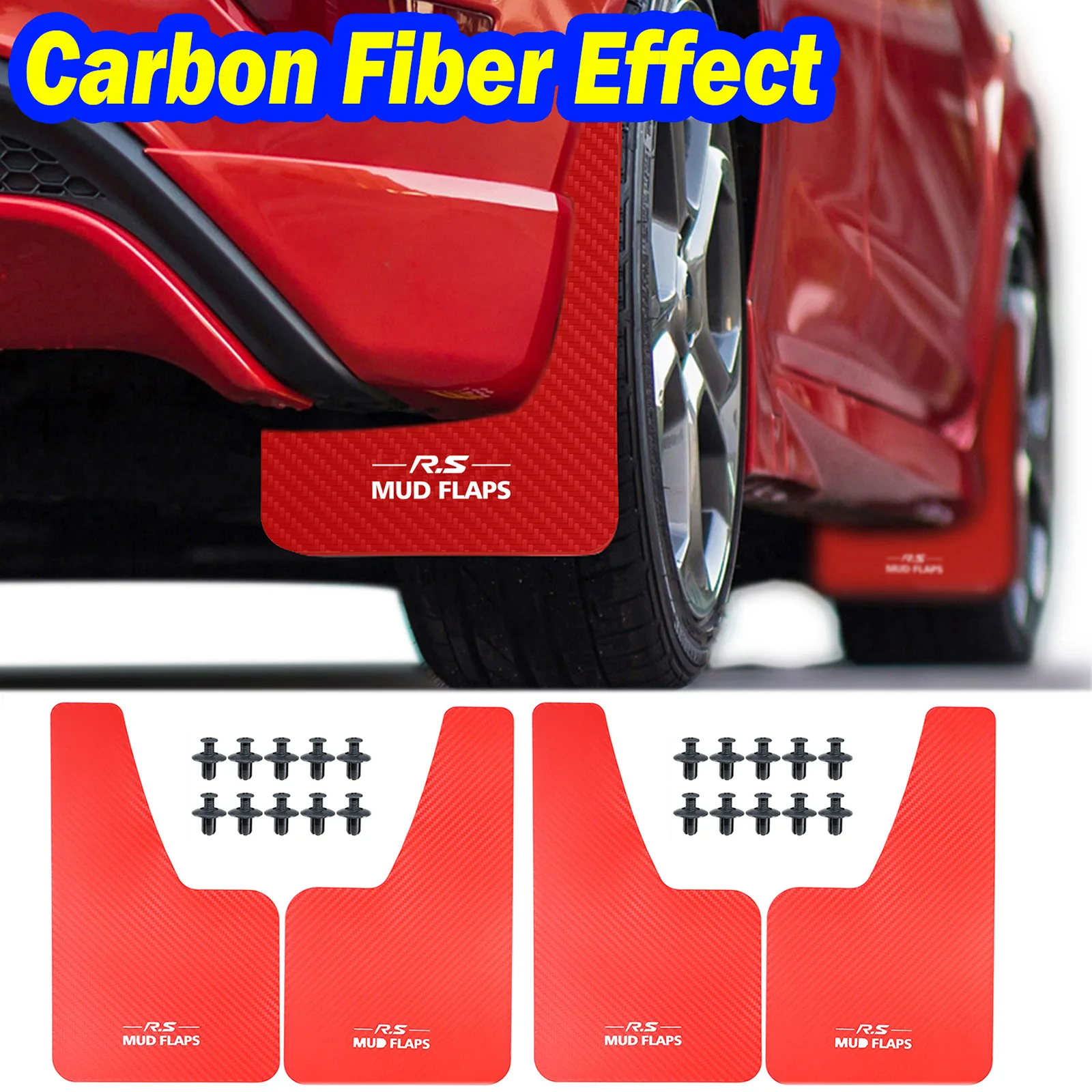 RED Carbon Fiber Effect Universal Splash Guards Mud Flaps Car Mudguards Fender Cover Flares W/Hardware Front Rear Accessories