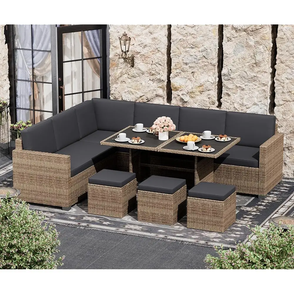 

7 Piece Patio Furniture Set, Outdoor Furniture Patio Sectional Sofa, All Weather Pe Rattan Outdoor Sectional With Bla Cushions