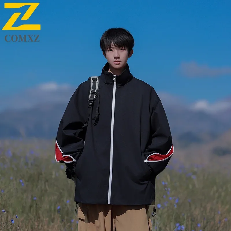 COMXZ 2024 Mens Loose Fit Sporty Windproof Jacket Color Block Casual Coat