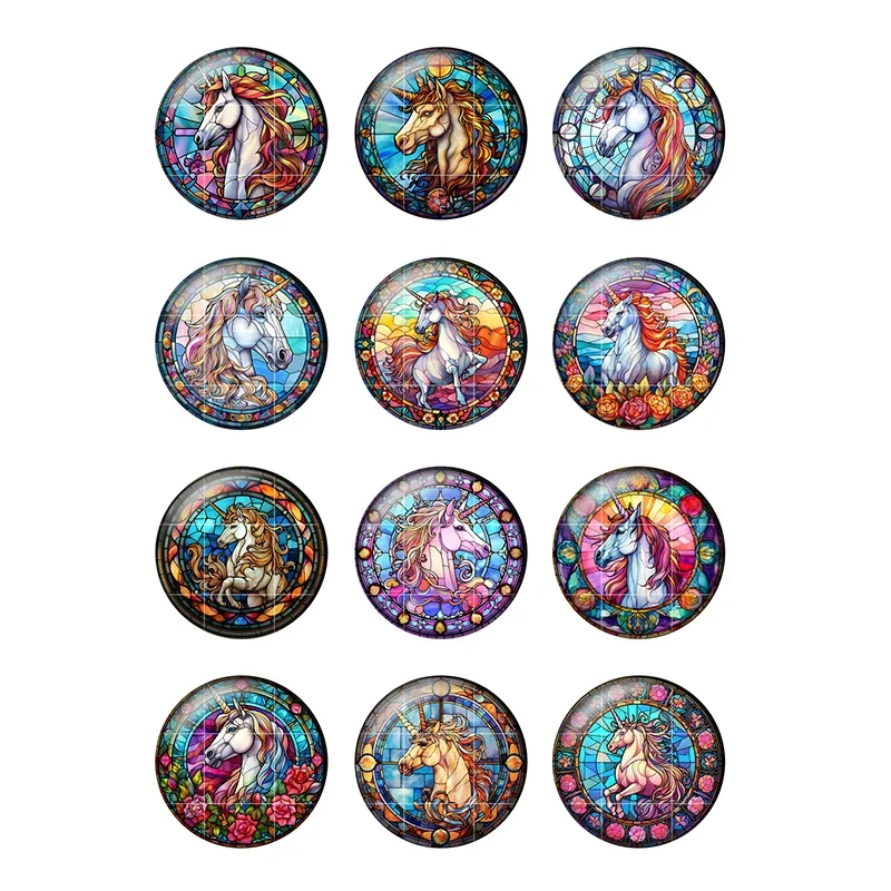 24pcs/lot Colorful Horse Art Pattern 8mm/12mm/18mm/25mm Round Photo Glass Cabochon Demo Flat Back Making Findings H317