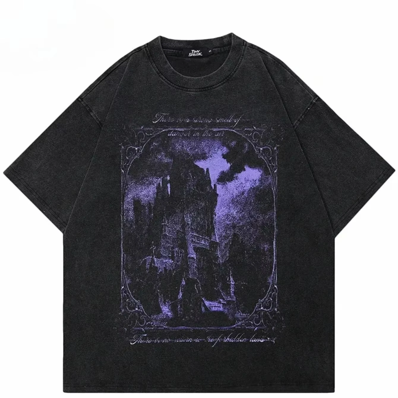 EWH Hip Hop Cotton T-Shirt Washed Black Streetwear Vintage Purple Graphic Horror Castle Men Tops Tees Unisex Y2K