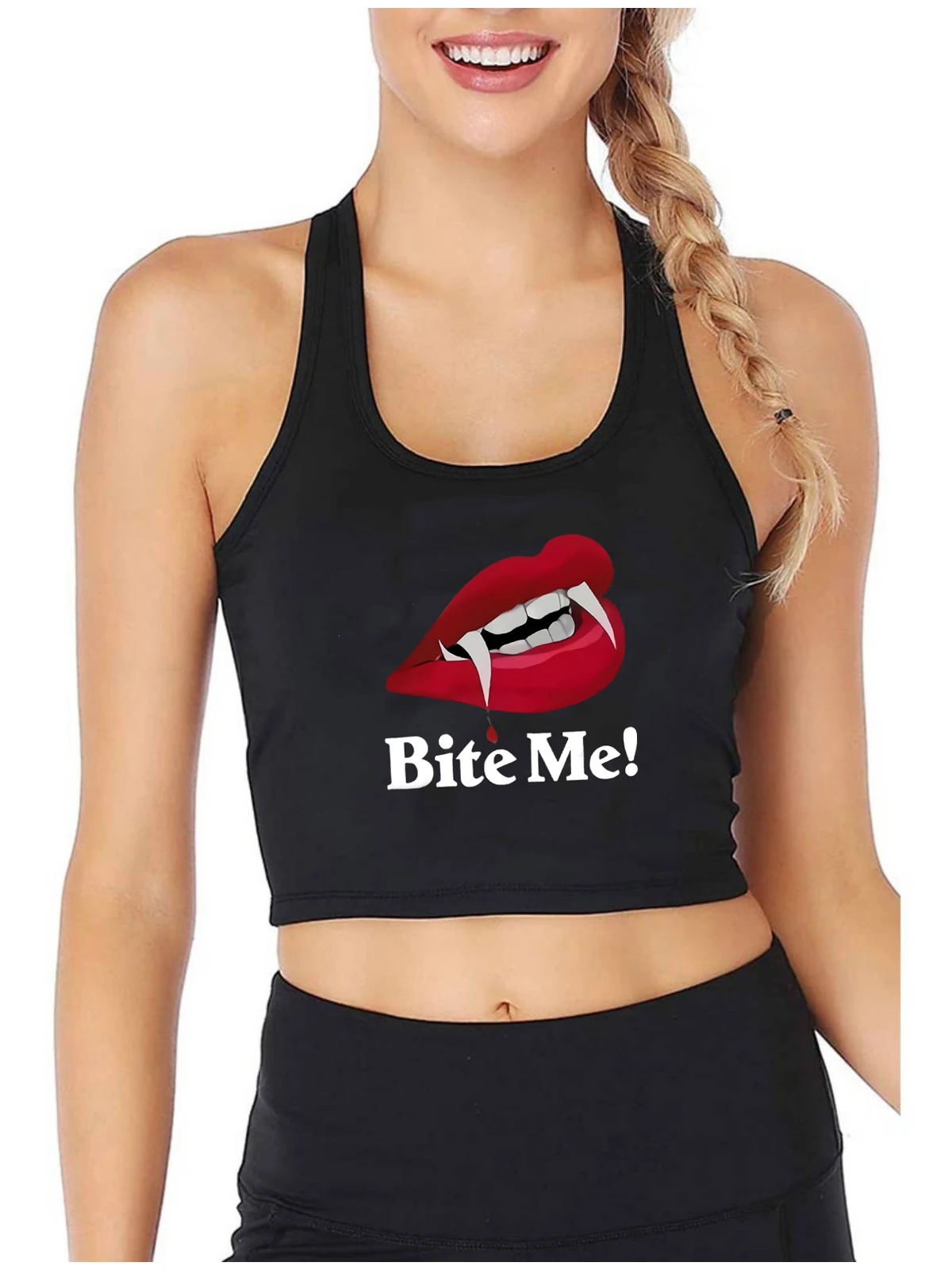 Bite Me Red Lips Fangs Design Sexy Slim Fit Crop Top Hotwife Naughty Flirtation Style Gothic Tank Tops Halloween Camisole