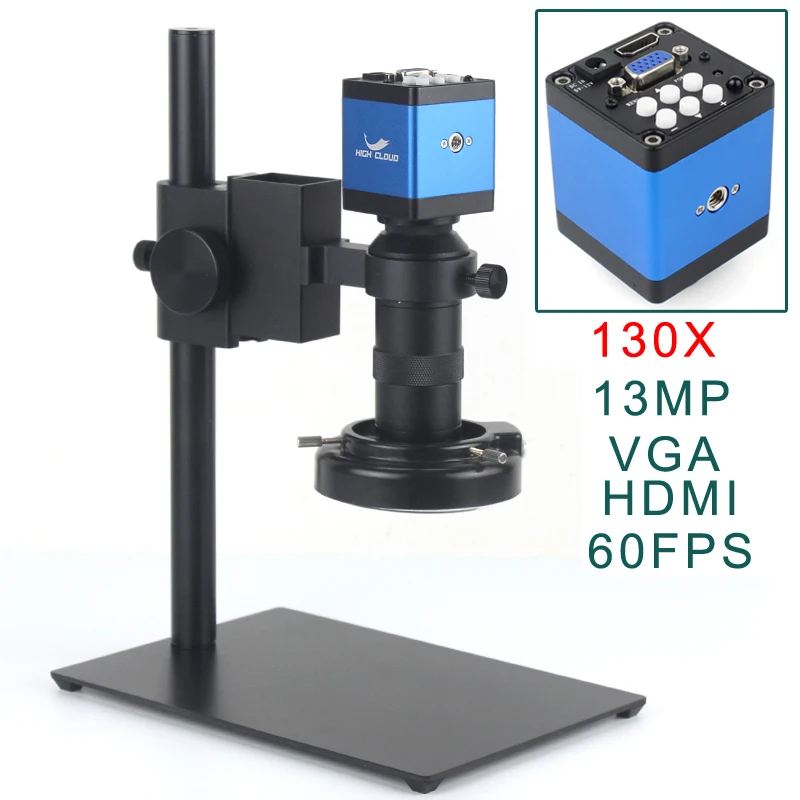 

HDMI VGA 13MP 60FPS Industrial Digital Video Microscope Camera Monocular 130X Zoom C-Mount Lens USB Light For Repair Soldering