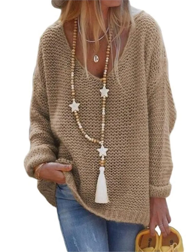 

Casual Solid Knit Sweater For Women Fashion Long Sleeve V Neck Pullover Sweaters Tops Lady Holiday Womens Clothing Autumn New