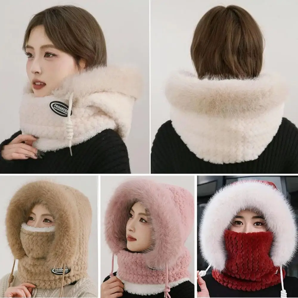 الخريف والشتاء الحرارية أفخم قبعة للنساء رشاقته هود سدادات حماية الأذن وشاح وقناع في الهواء الطلق يندبروف ركوب الدراجات السترة قبعة #4