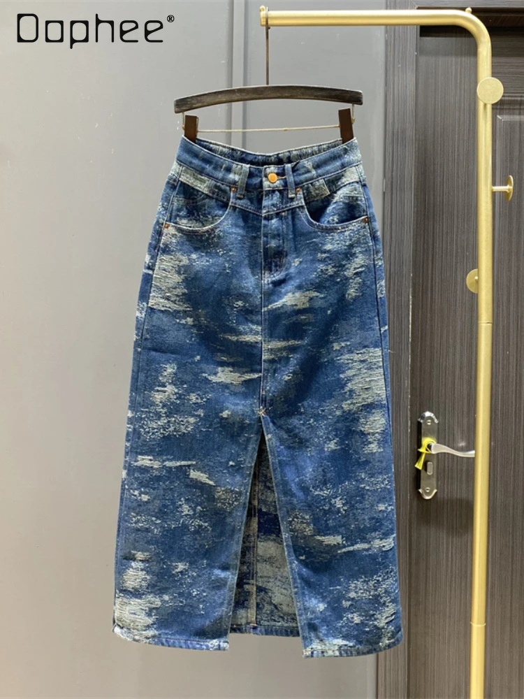 

Street Style Distressed Denim Skirt for Women 2024 Summer New High Waist Jacquard Split A- Line Skirt One-Step Sheath Skirts