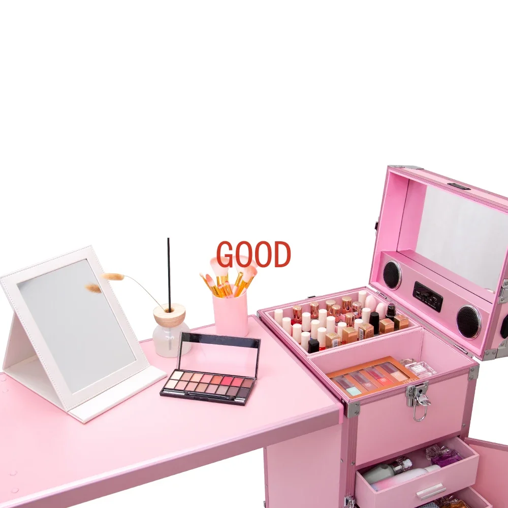 Nail Table Pink Manicure Workstation Folding rolling Portable case