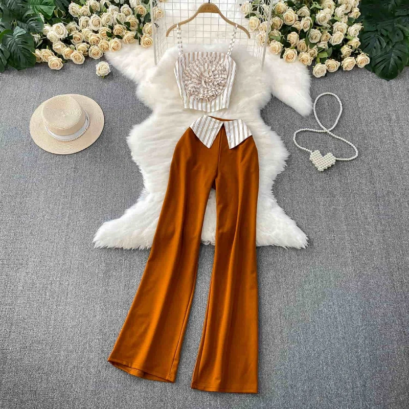

Sweet striped three-dimensional flower design sense short suspender vest flanged high waist and slim wide leg pants set