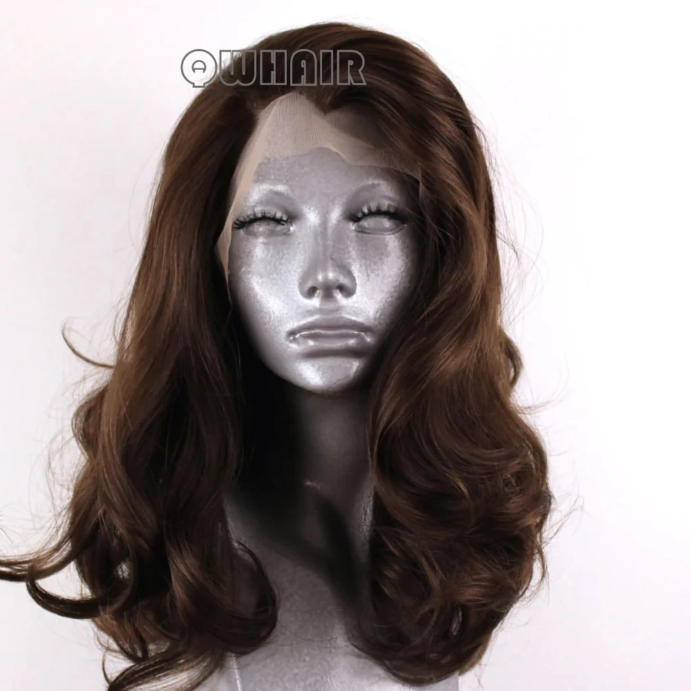 

QW Синтетические волосы Короткий боб Темно-коричневый Свободные волны Мягкий парик фронта шнурка для женщин Волосы Термостойкое волокно Косплей Ежедневно