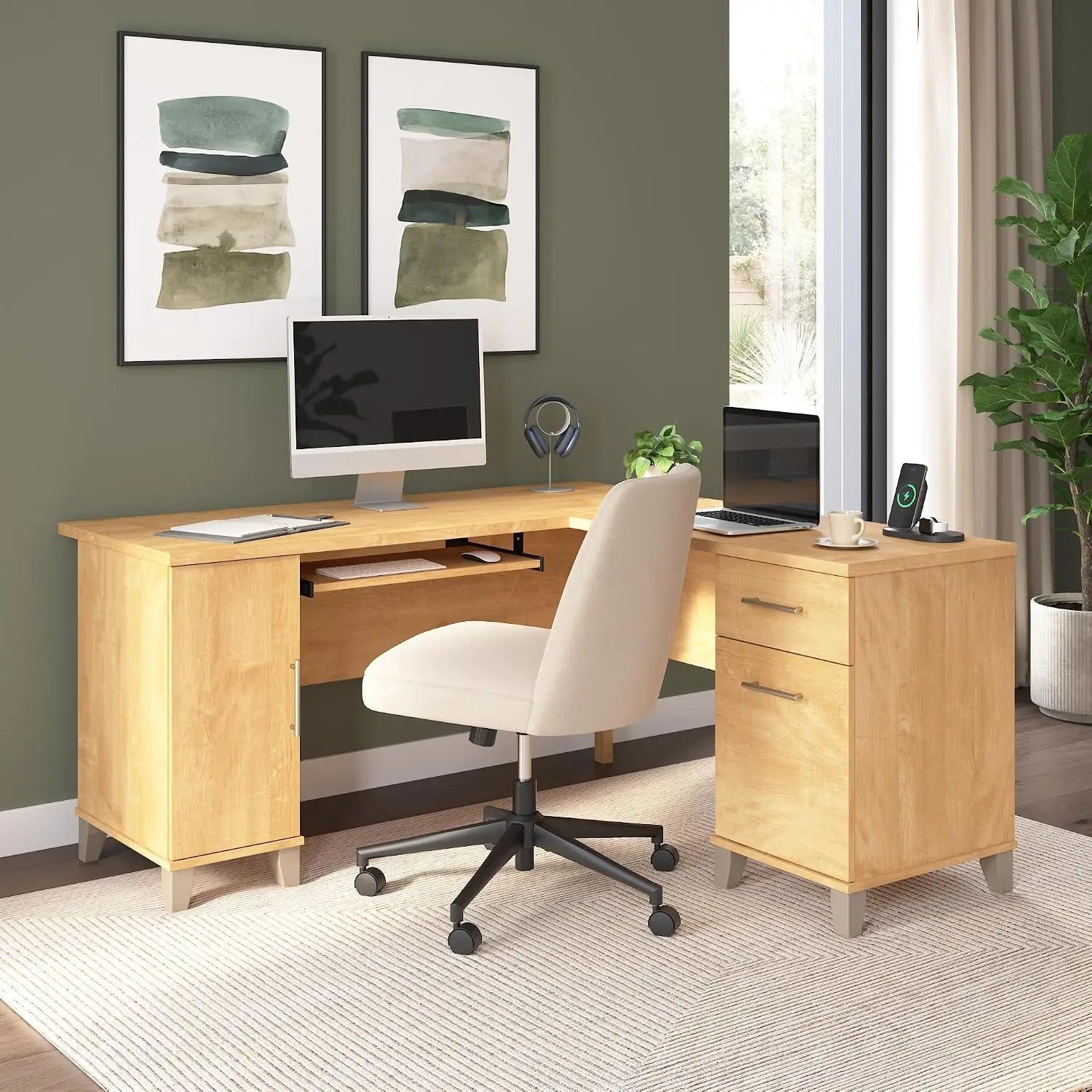 L-Shaped Desk with Drawers & Cabinet, Corner Computer Workstation, Home Office, 60 Inch, Maple Cross, Customized